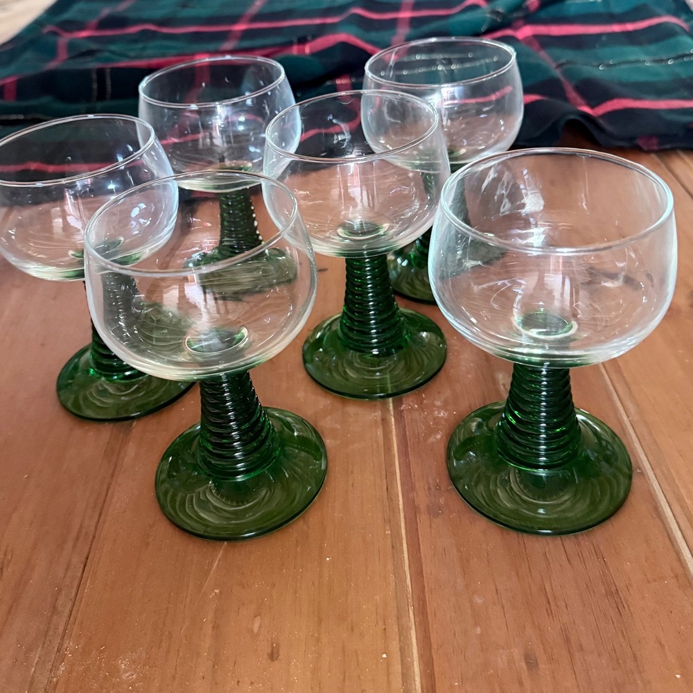 Vintage Luminarc France Green Ribbed Stem Wine Glasses Set of 6 Roemer Goblets